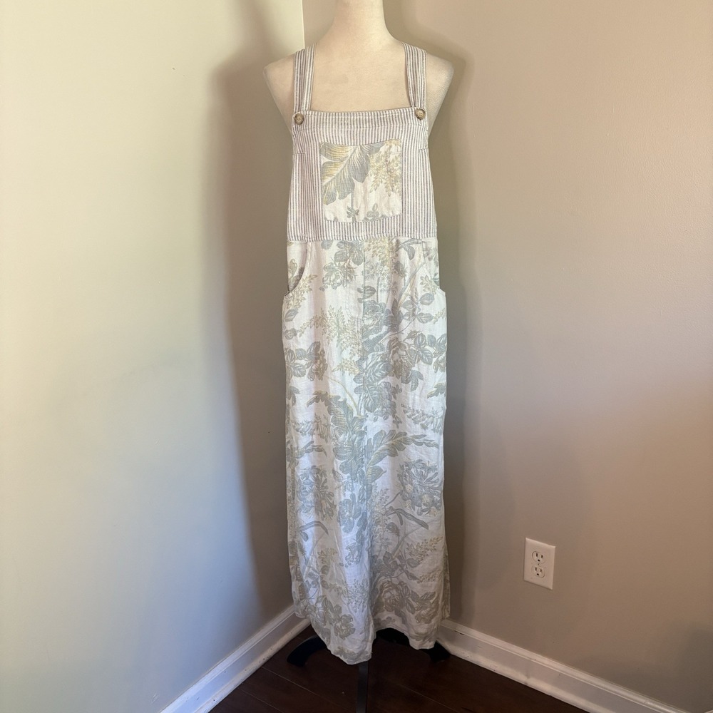 VTG 90s Carol Anderson Linen Pinafore Dress M Sage Floral Maxi Patchwork Medium